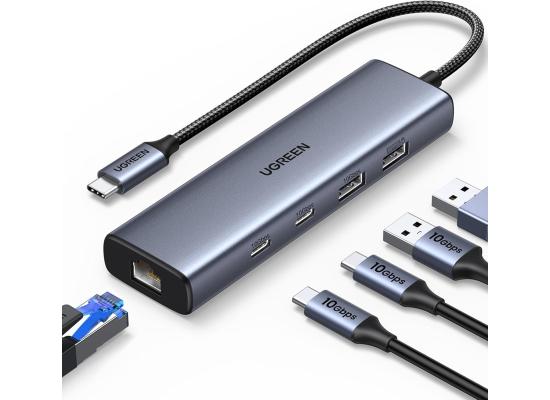 UGREEN 6-in-1 Hub USB C to Ethernet Adapter, 10Gbps Data Port USB-C, Ethernet with 2*USB-C 3.2, USB-A 3.2/2.0, Gigabit RJ45, Power Port (Only for Adapter), Type C to Network Dongle for Laptop, MacBook, XPS